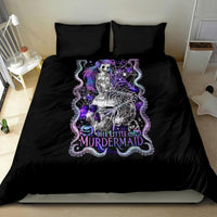 Black comforter bedding set with large purple mermaid skull print and two matching pillowcases