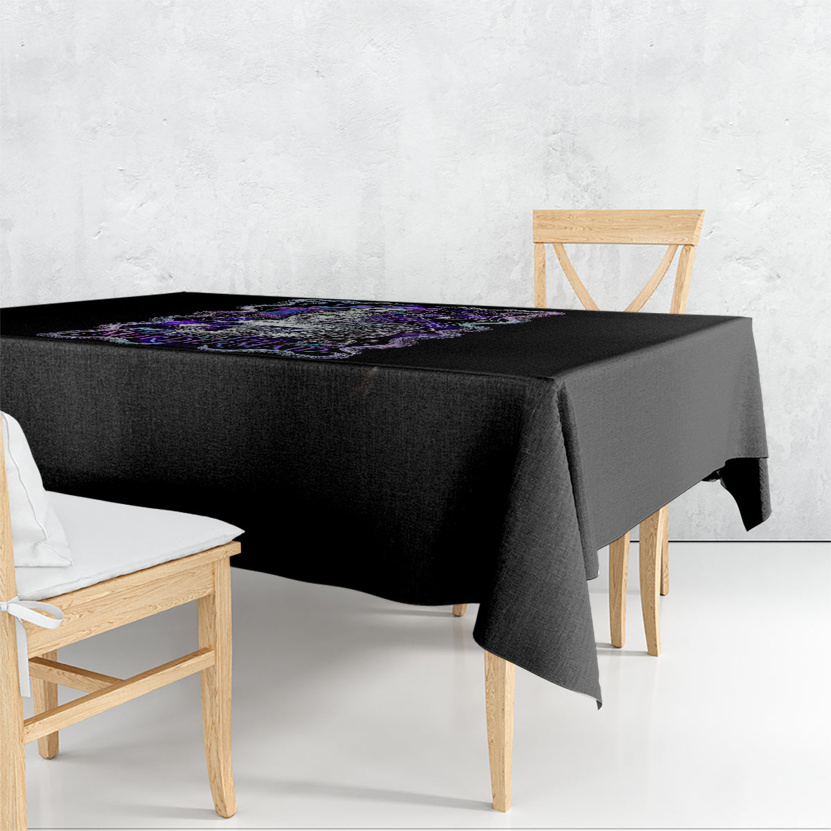 Black mermaid skull tablecloth with purple and white center scene