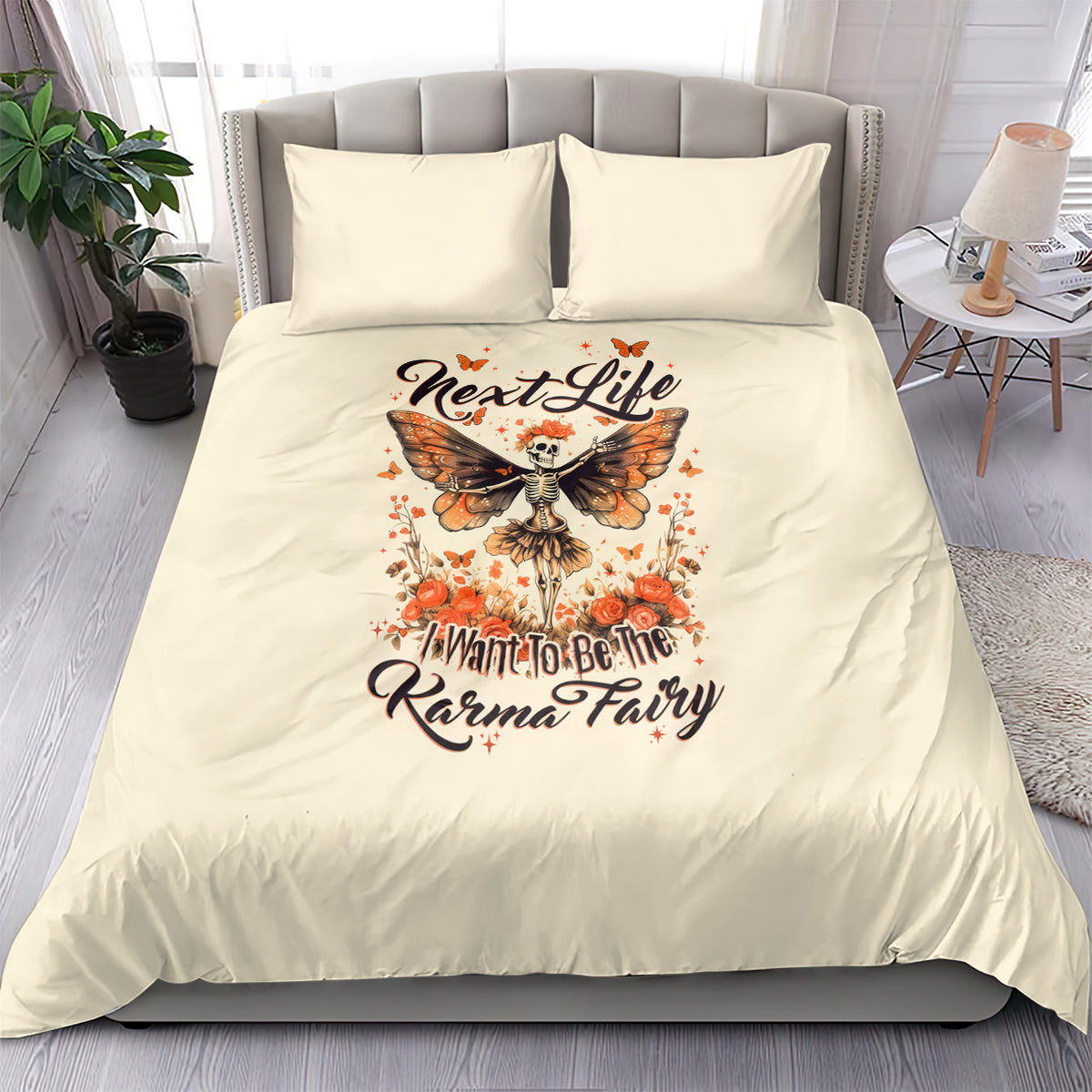 Beige duvet cover with two pillow shams, featuring a butterfly skull fairy graphic