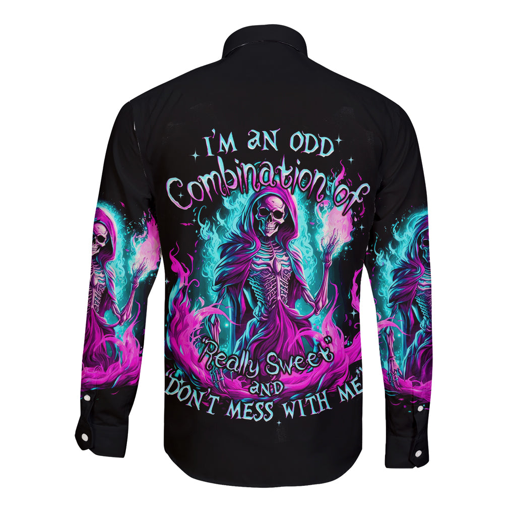 Flame Witch Skull Long Sleeve Button Shirt I'm An Odd Combination Of Sweet And Don't Mess With Me - Wonder Print Shop