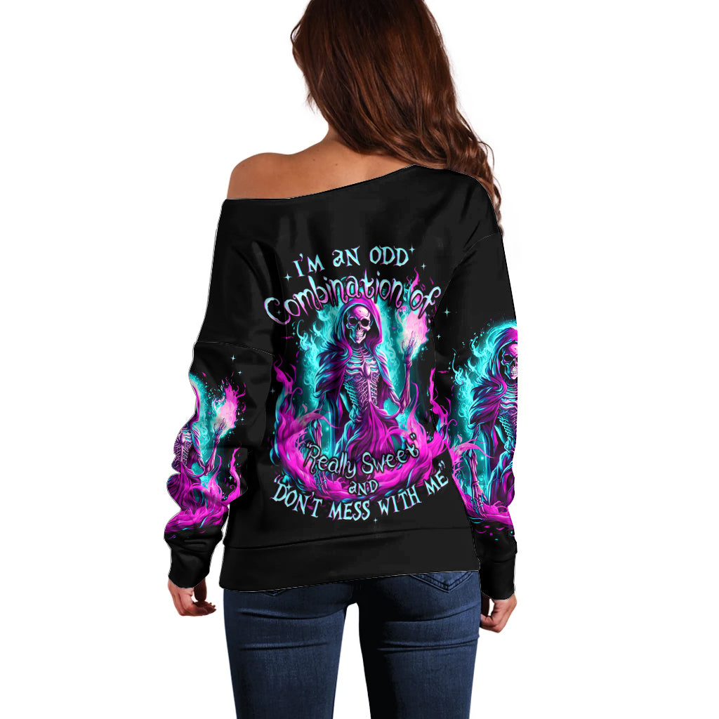 Flame Witch Skull Off Shoulder Sweater I'm An Odd Combination Of Sweet And Don't Mess With Me - Wonder Print Shop