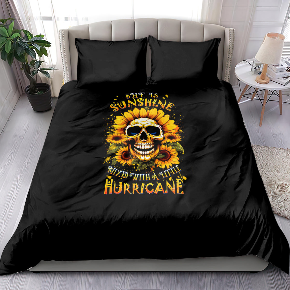 Black bedding set with sunflower skull graphic and bold text on duvet and two pillows