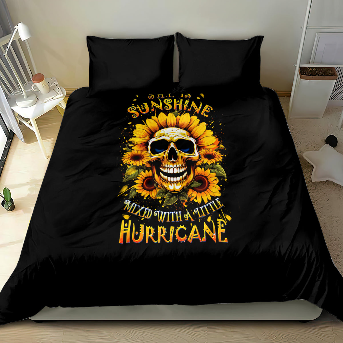 Black bedding set with sunflower skull artwork, duvet front and two matching pillowcases