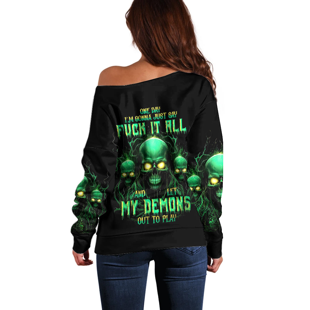 Thnder Skull Off Shoulder Sweater One Day I Gonna Just Say F It All - Wonder Print Shop