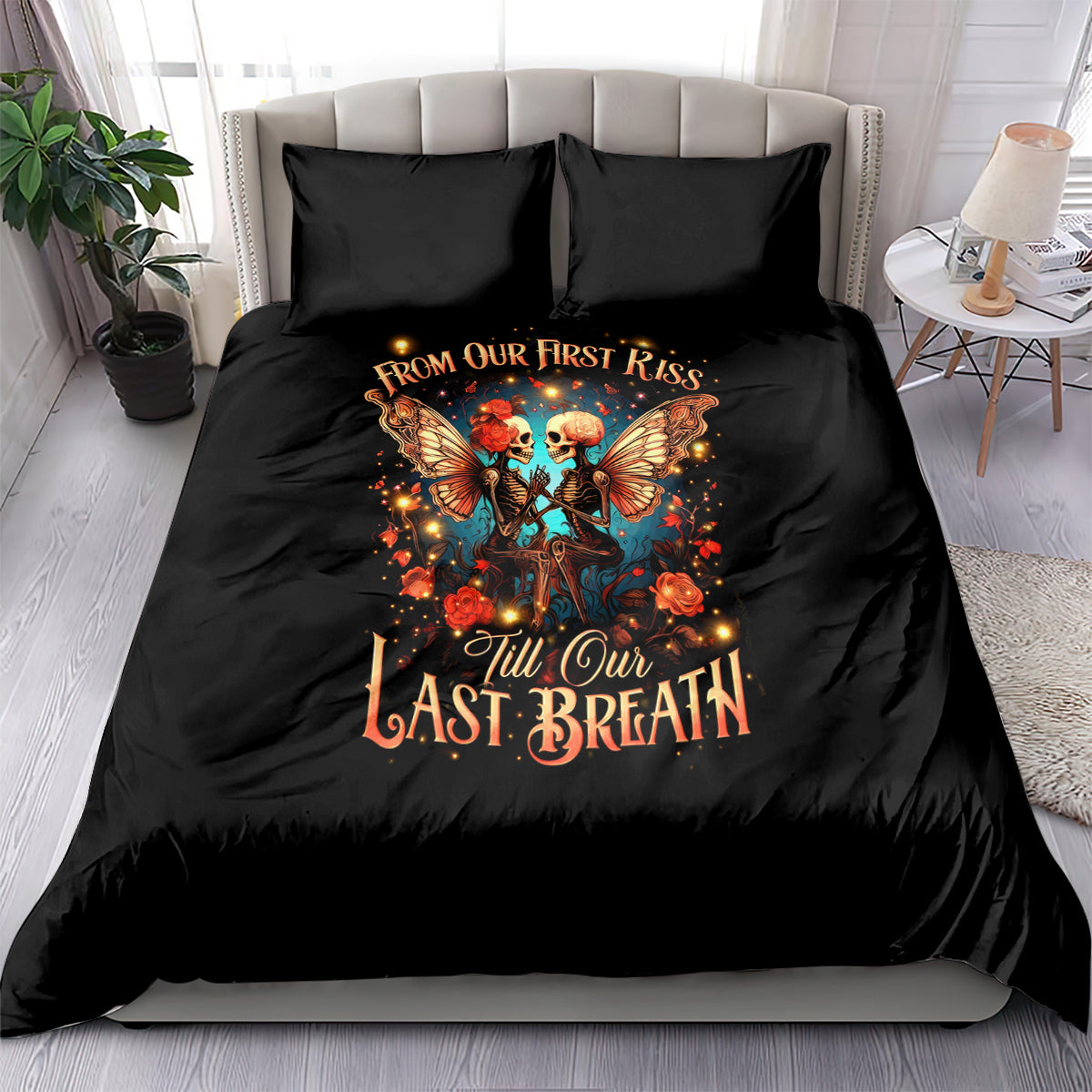Black couple bedding set with skull and butterflies graphic, two matching pillowcases
