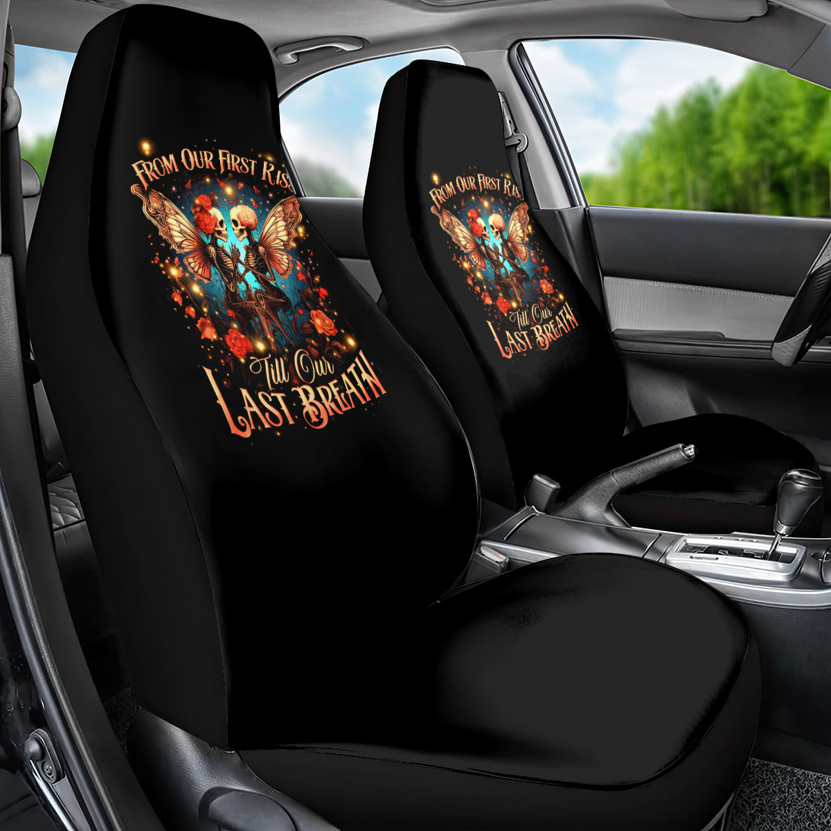 Couple Skull Car Seat Cover From Our First Kiss Till Our Last Breath - Wonder Print Shop