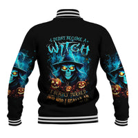 Black varsity baseball jacket, blue witch skull graphic on back; striped collar and cuffs