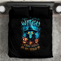 Black duvet and pillow set featuring blue witch skull with pumpkins Halloween artwork