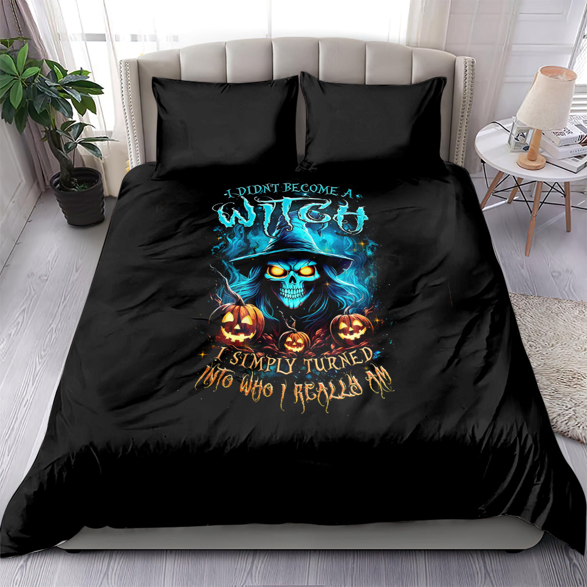 Black Halloween bedding set with blue skull witch and jack-o'-lantern graphic on duvet