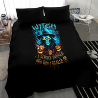 Black Halloween bedding set with blue skull witch, jack-o'-lanterns, and text graphic