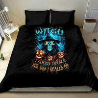 Black duvet and pillow set showing blue skull witch with pumpkins and glowing graphic