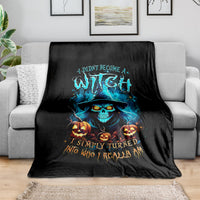 Black Halloween blanket with blue witch skull and orange jack-o'-lantern print