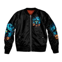 Black unisex bomber jacket with front zipper and small blue skull pumpkin graphic