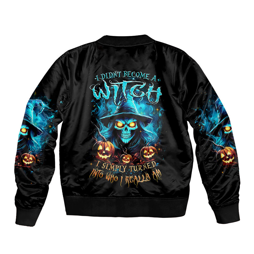 Black unisex bomber jacket with blue skull and pumpkins graphic on back