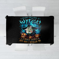 Black Halloween tablecloth featuring a blue skull graphic with pumpkins and flames
