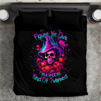 Black bedding set with witch skull, purple magic hat, and pumpkin graphic centered