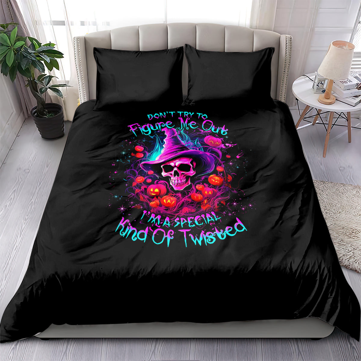 Black bedding set with colorful witch skull and purple graphic on duvet and pillowcases