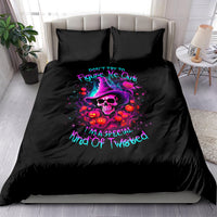 Black bedding set with colorful witch skull and purple graphic on duvet and pillowcases