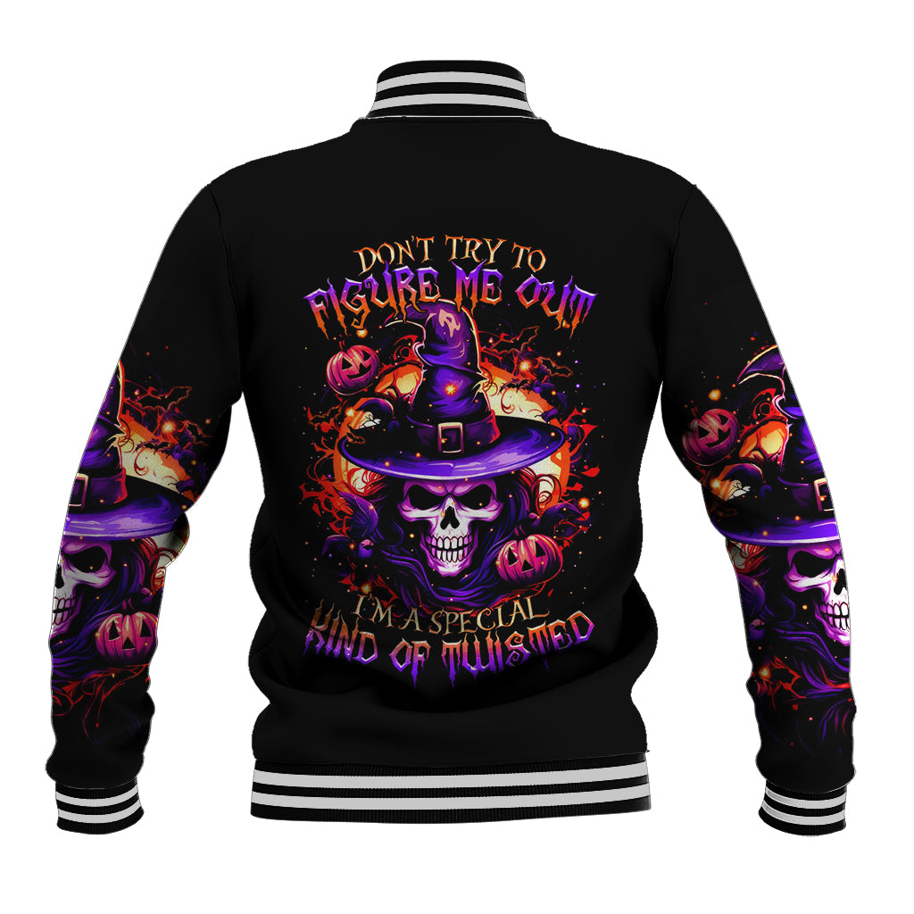 Black varsity baseball jacket with wizard skull graphic on back and striped rib trim