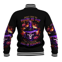 Black varsity baseball jacket with wizard skull graphic on back and striped rib trim