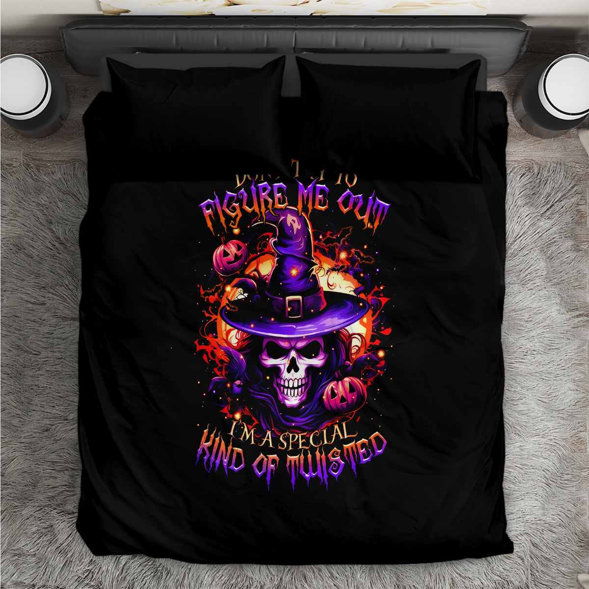 Black bedding set featuring central wizard skull design on duvet with two pillows