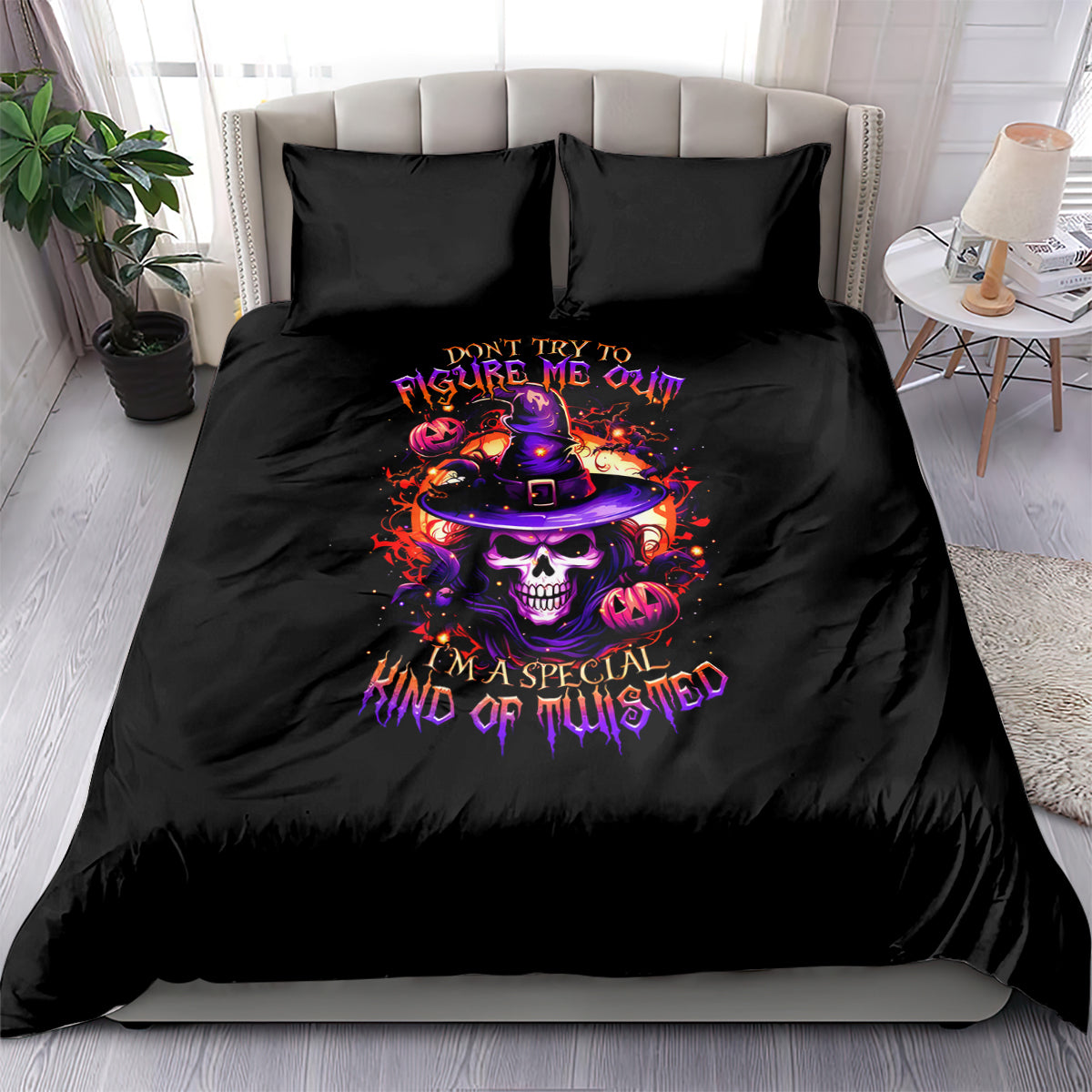 Black Halloween bedding set with wizard skull graphic and two matching pillowcases