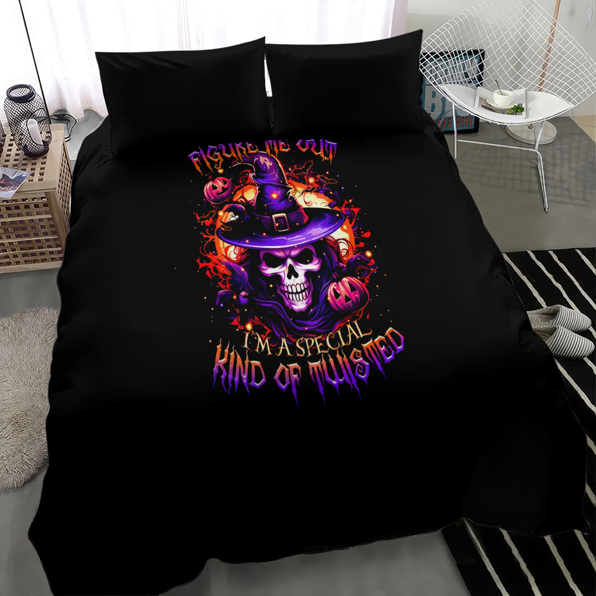Black duvet and pillowcases with colorful wizard skull artwork in a witch hat