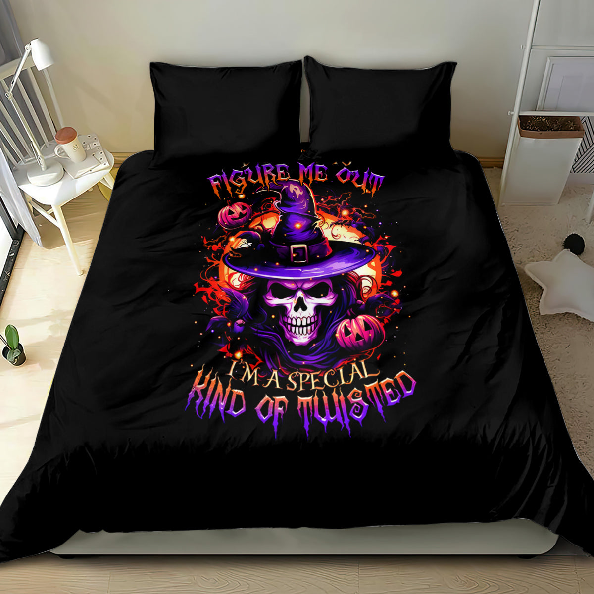Black Halloween bedding set with bright wizard skull graphic and two matching pillows