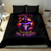 Black Halloween bedding set with bright wizard skull graphic and two matching pillows