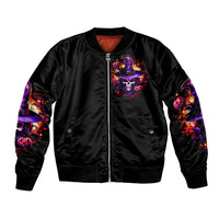 Black bomber jacket with front zipper and colorful wizard skull graphic, printed sleeves