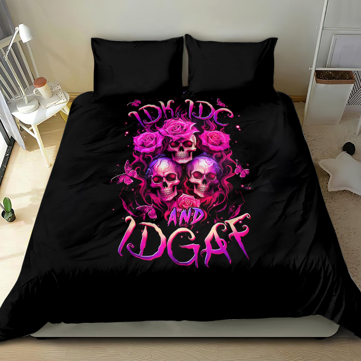 Black duvet and two pillowcases featuring pink rose skull artwork