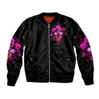 Black bomber jacket with magenta skull-and-rose front graphic, full zip, ribbed cuffs