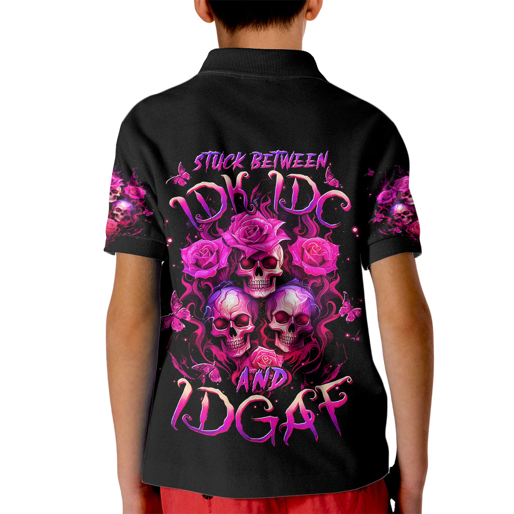 Three Rose Skull Kid Polo Shirt Stuck Between Idk Idc And Idgaf - Wonder Print Shop