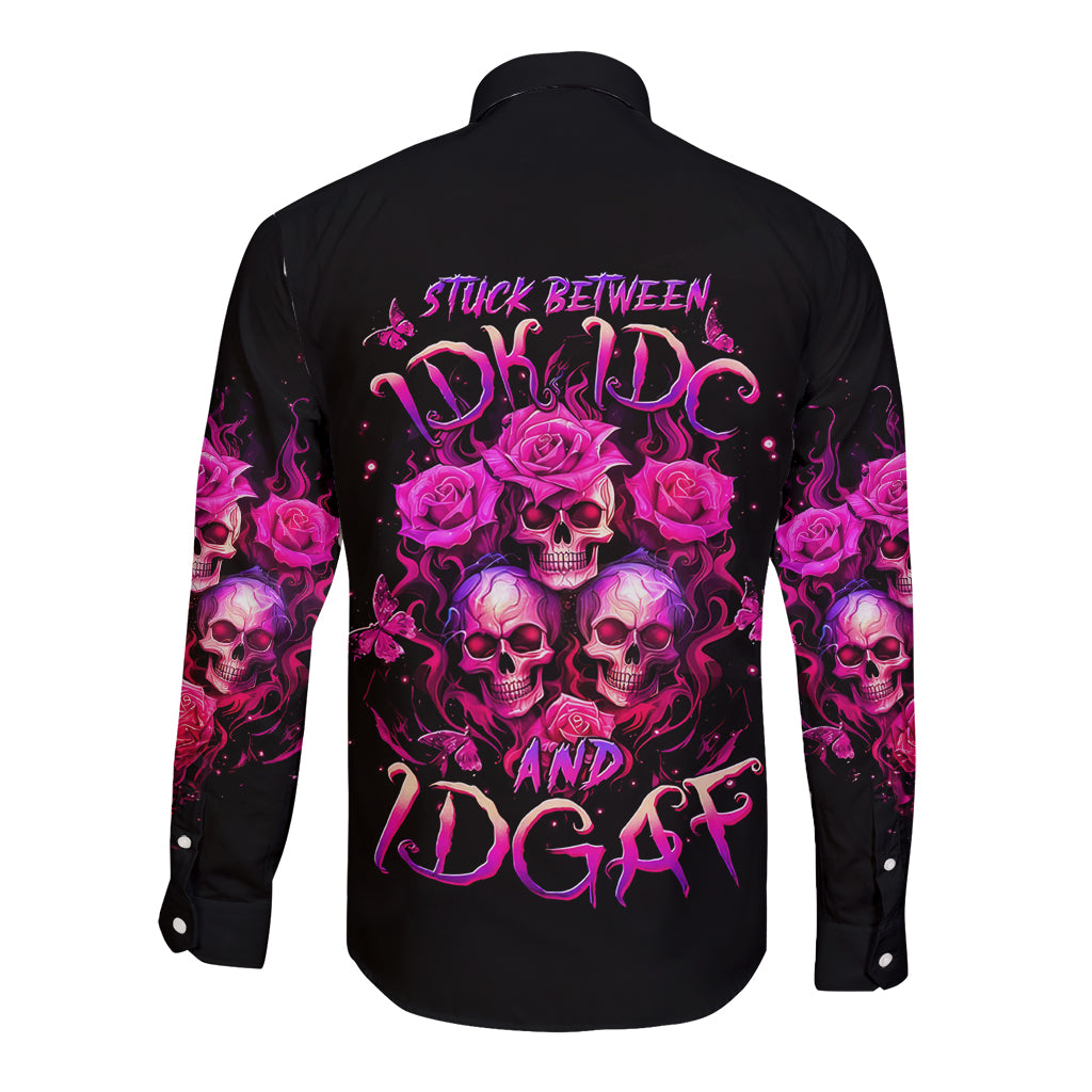 Three Rose Skull Long Sleeve Button Shirt Stuck Between Idk Idc And Idgaf - Wonder Print Shop