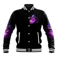 Black varsity-style baseball jacket with purple witch graphic, button front and striped cuffs