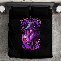 Top view of black bedding set with purple witch skull princess graphic on comforter