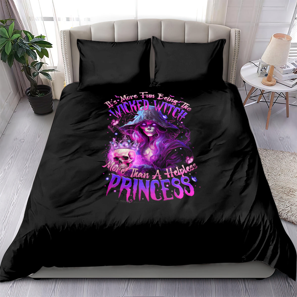 Black bedding set with purple witch skull princess graphic on comforter and two pillows