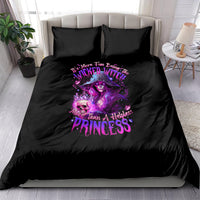 Black bedding set with purple witch skull princess graphic on comforter and two pillows