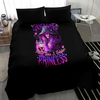 Black bedding set with purple witch skull princess graphic on comforter and pillows