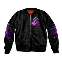 Black bomber jacket with front purple witch skull graphic and zipper closure