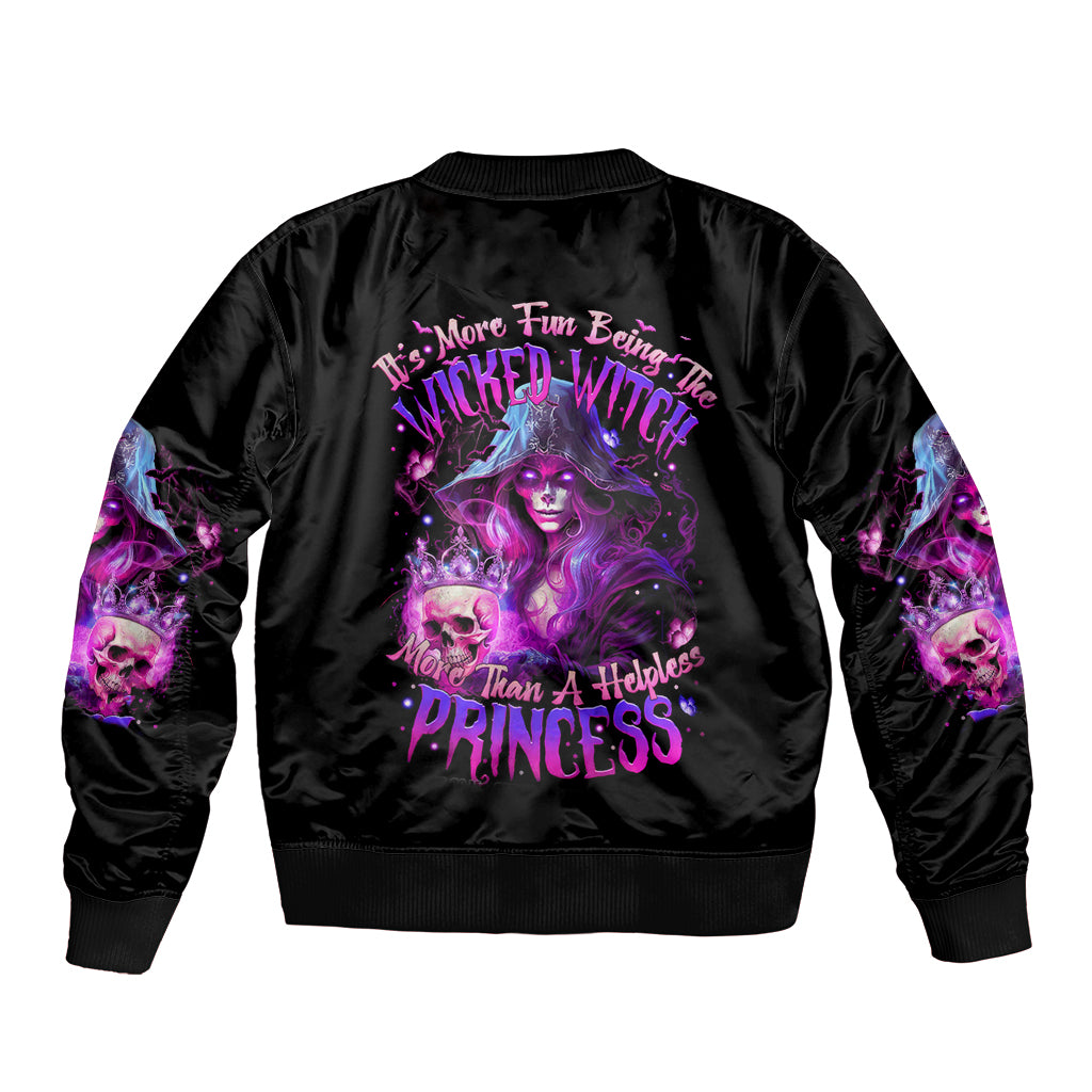 Black bomber jacket with purple witch skull graphic on the back