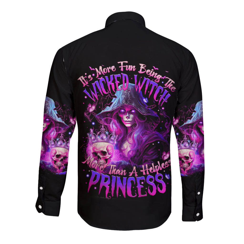 Witch Skull Long Sleeve Button Shirt It's More Fun Being The Wicked Witch - Wonder Print Shop