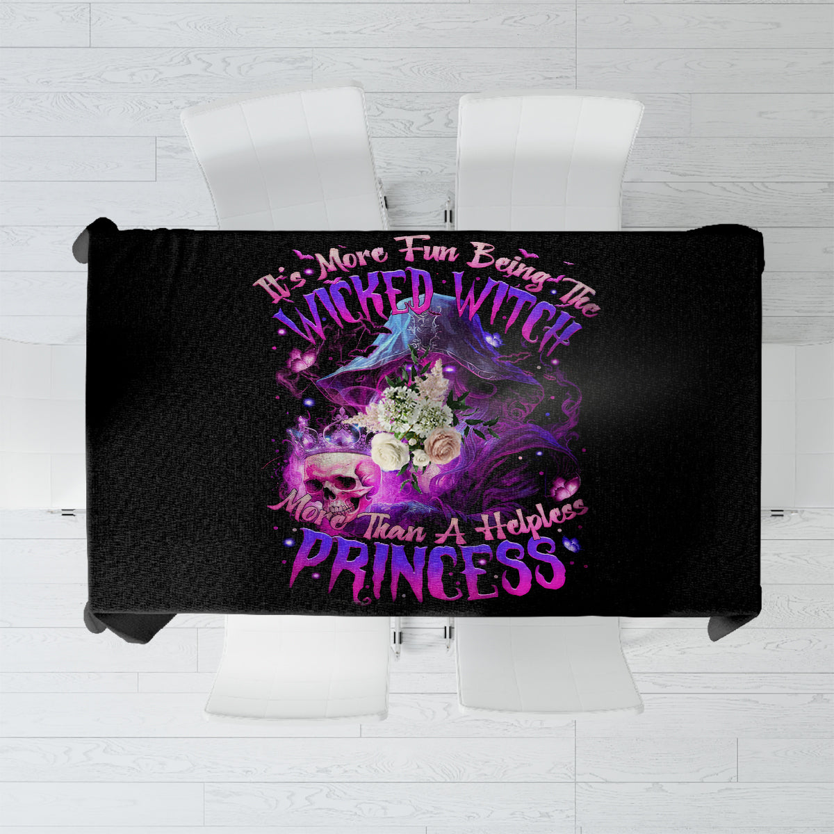 Black tablecloth with purple witch-themed skull and text graphic, centered view