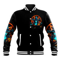 Black varsity baseball jacket with button front and blue witch skull front print