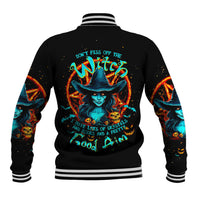 Black baseball jacket with striped collar and cuffs, witch skull back graphic