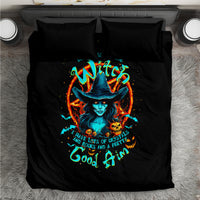 Black bedding set with two pillowcases and colorful witch-skull design center