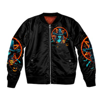 Unisex black bomber jacket, front zip with neon witch-cat chest graphic