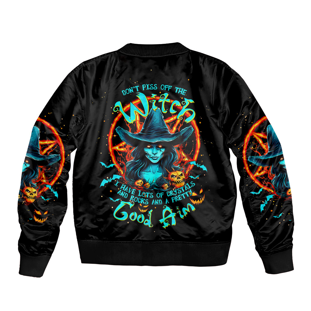 Unisex black bomber jacket with large back neon witch-cat graphic and text