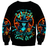 Black unisex sweatshirt with glowing witch skull graphic and colorful flames on front