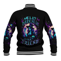 Black baseball jacket with striped collar and back skull witch graphic